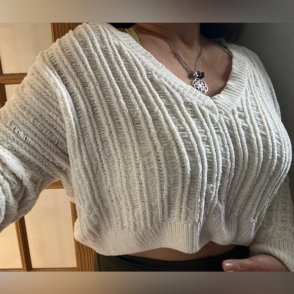 Oversized Cropped Ivory Crochet Knit Sweater Plush Top Off Shoulder Kawaii Comfy - Picture 3 of 9
